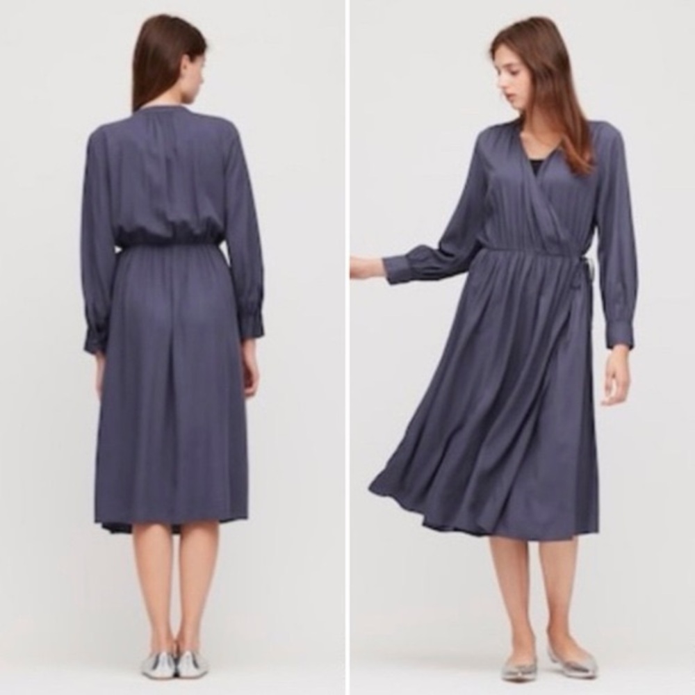 Uniqlo dress Elegant Navy‎ true Wrap traditional mature career cottagecore M
